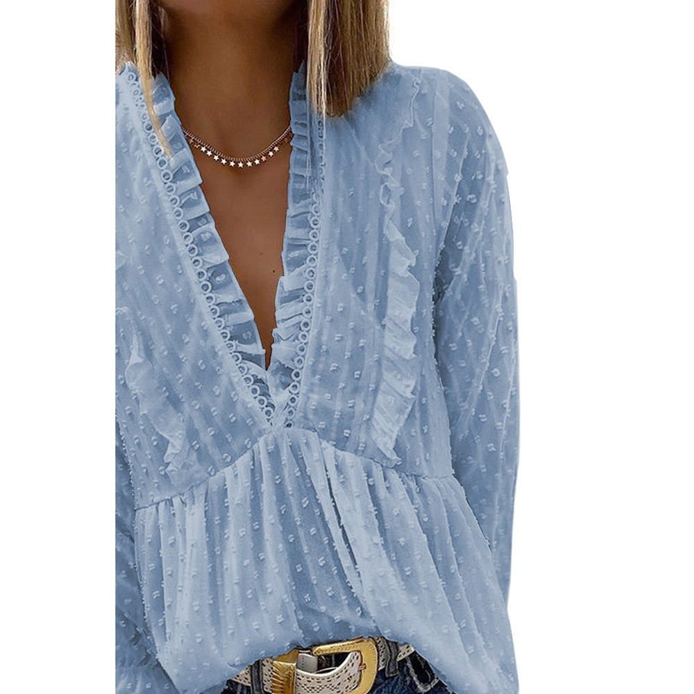 Sky Blue Swiss Dot Long Deep V Neck Pleated Sleeve Top - Picture 2 of 4